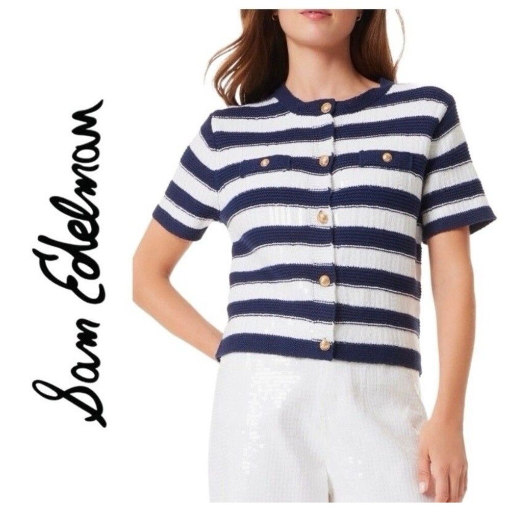 NWT Sam Edelman Colleen Striped Navy & White Short Sleeve Cardigan Sweater XL